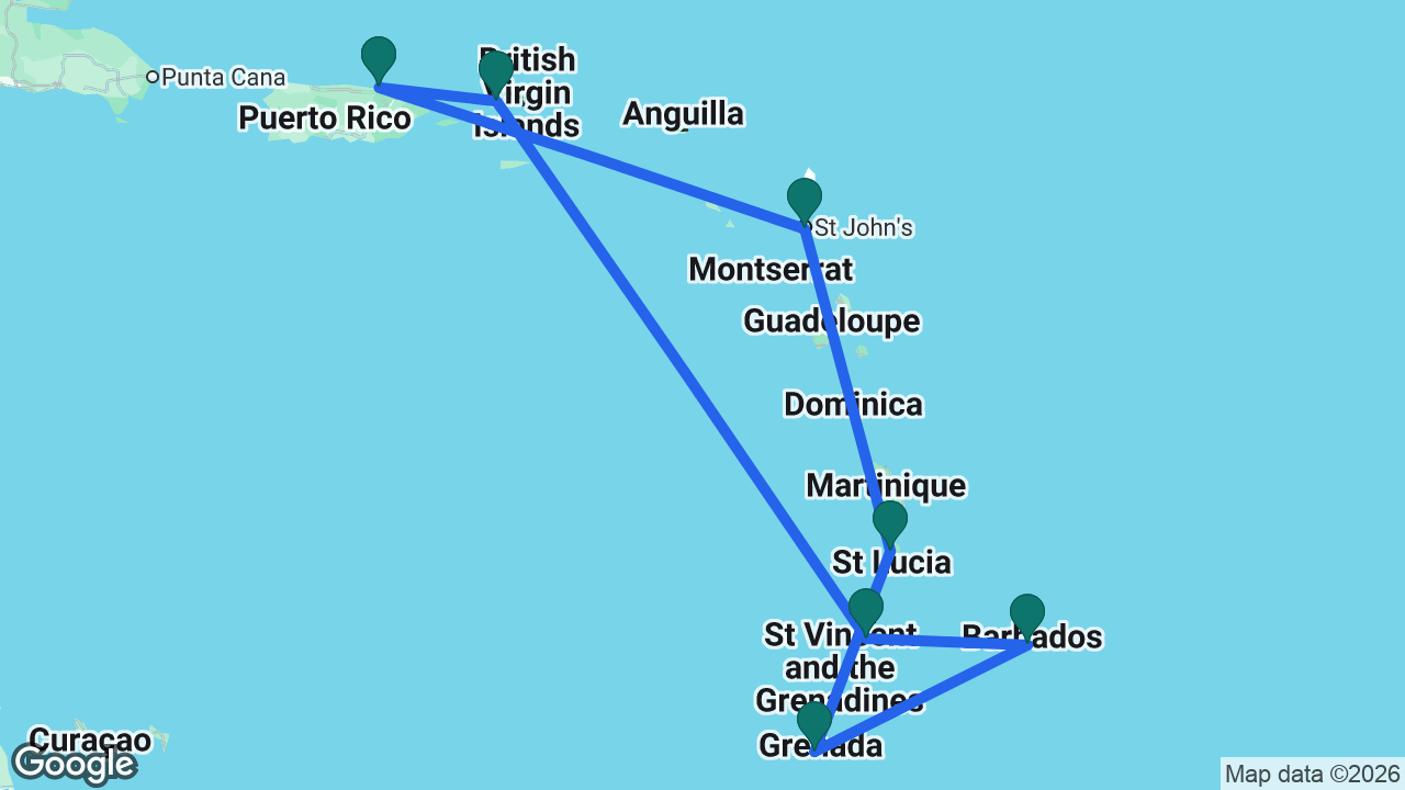 Route map: San Juan -> Antigua -> St. Lucia -> Grenada -> Barbados -> St. Vincent -> St. Thomas -> San Juan