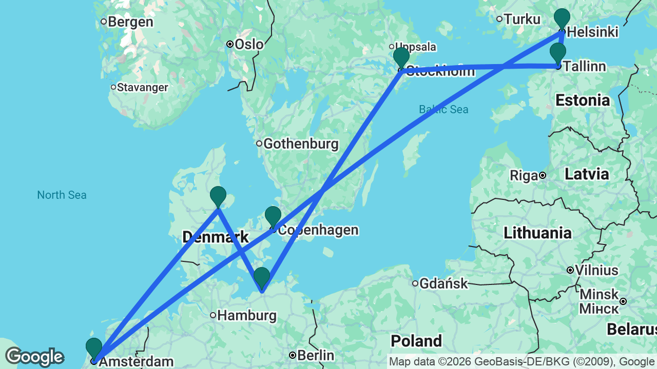 Route map: Amsterdam -> Aarhus -> Berlin -> Stockholm -> Tallinn -> Helsinki -> Copenhagen -> Amsterdam