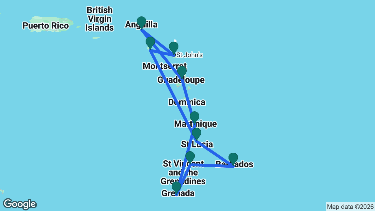 Route map: Barbados -> St. Vincent -> Grenada -> Martinique -> Guadeloupe -> St. Maarten -> Antigua -> St. Kitts -> St. Lucia -> Barbados