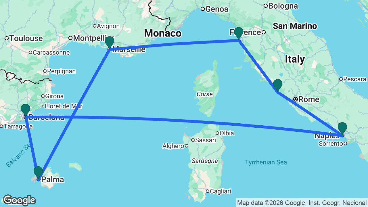 Route map: Barcelona -> Mallorca -> Marseille -> Florence -> Rome -> Naples -> Barcelona