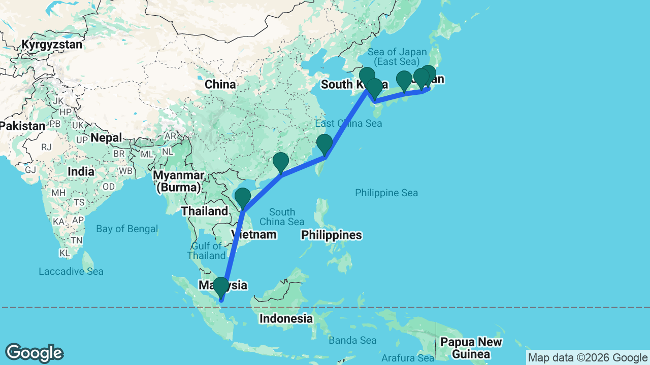 Route map: Tokyo -> Mount Fuji -> Osaka -> Fukuoka -> Busan -> Keelung -> Hong Kong -> Chan May -> Singapore