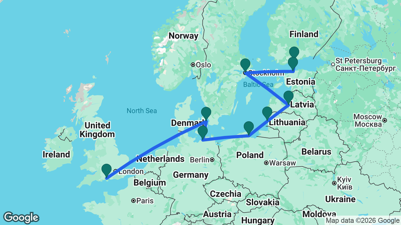 Route map: Helsinki -> Tallinn -> Stockholm -> Riga -> Klaipeda -> Gdansk -> Berlin -> Copenhagen -> Southampton