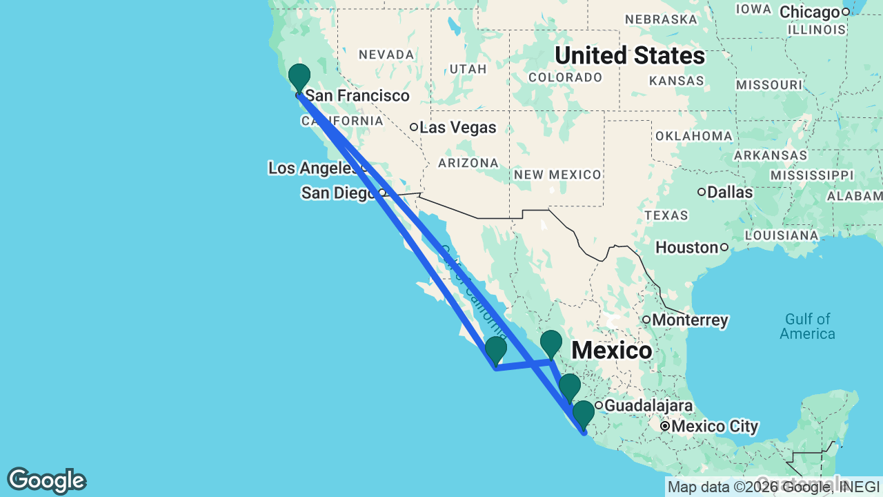 Route map: San Francisco -> Manzanillo -> Puerto Vallarta -> Mazatlán -> Cabo -> San Francisco