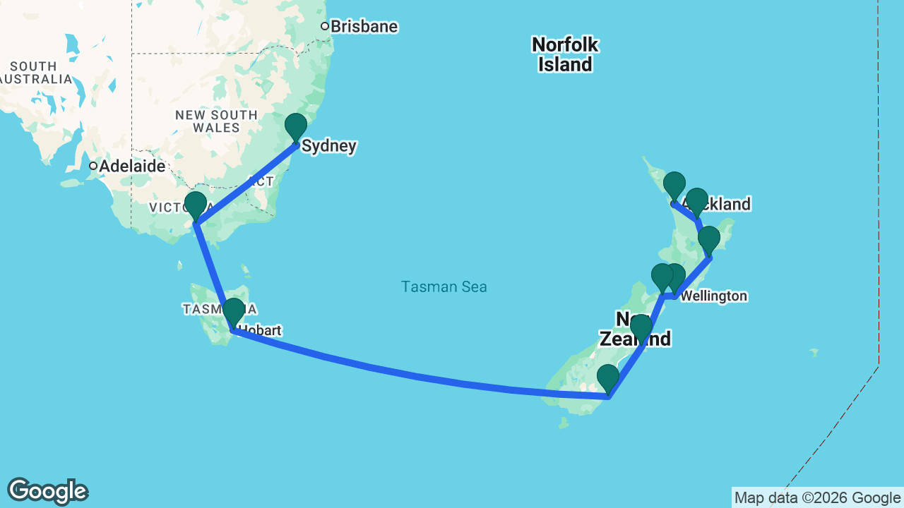 Route map: Auckland -> Tauranga -> Napier -> Wellington -> Picton -> Christchurch -> Dunedin -> Hobart -> Melbourne -> Sydney