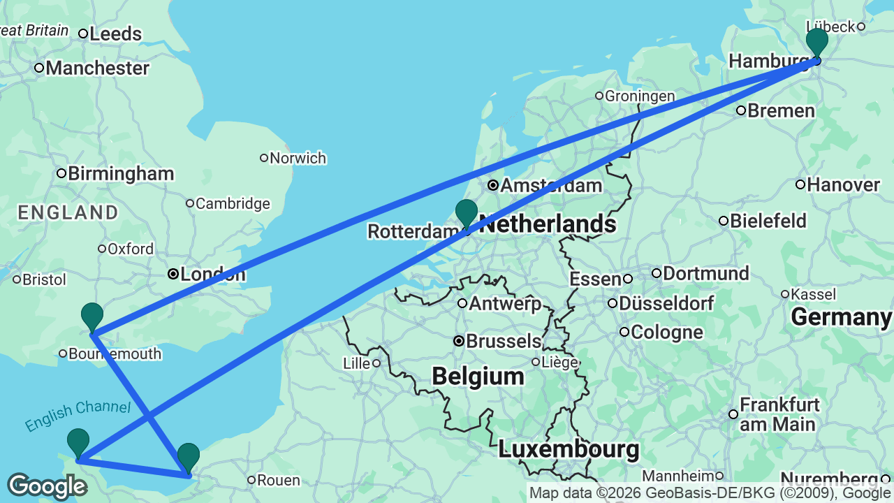 Route map: Southampton -> Hamburg -> Rotterdam -> Cherbourg -> Paris -> Southampton