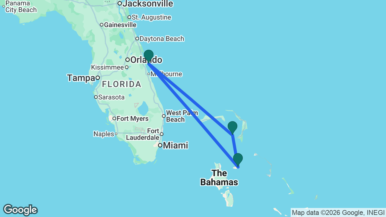 Route map: Port Canaveral -> Nassau -> Castaway Cay -> Port Canaveral