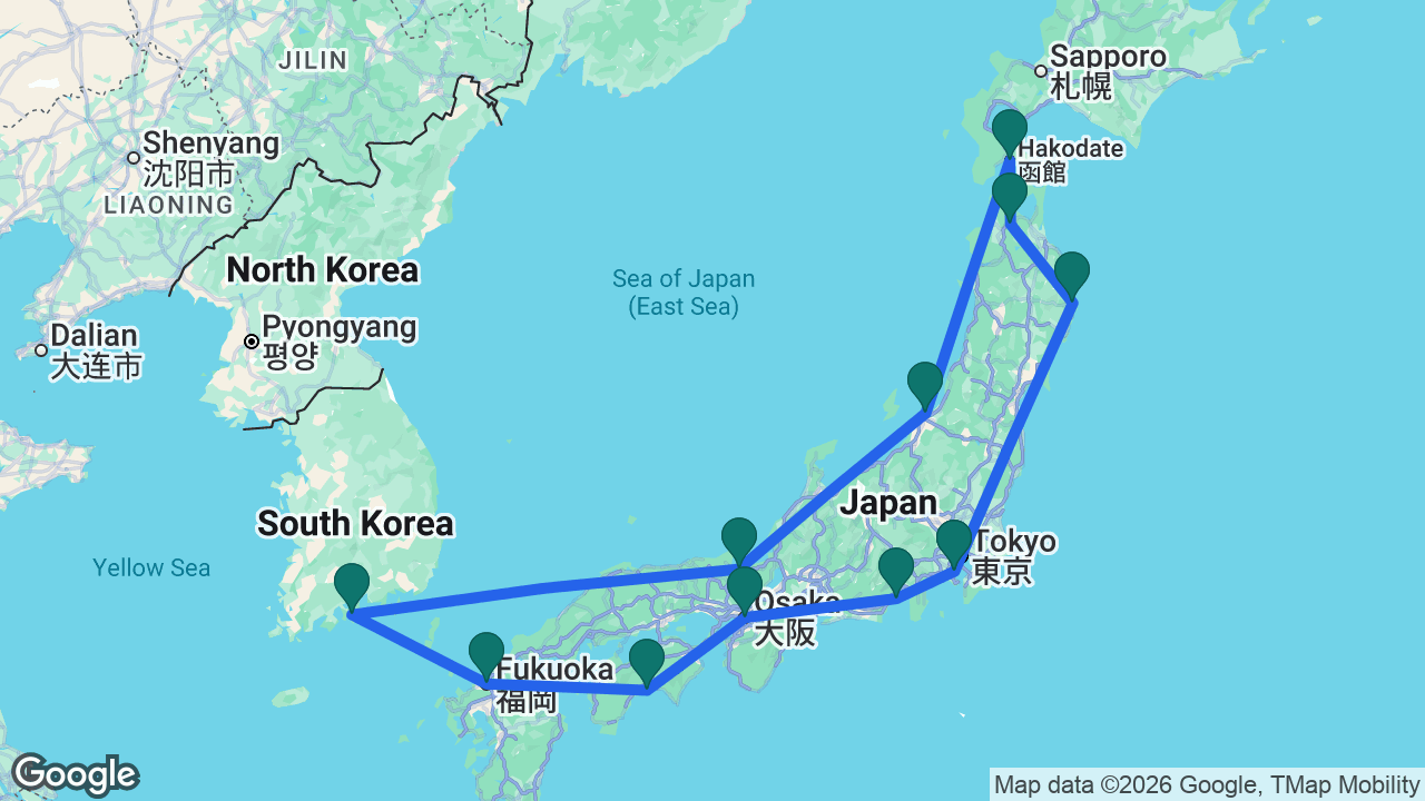 Route map: Tokyo -> Mount Fuji -> Osaka -> Kochi -> Fukuoka -> Yeosu -> Maizuru -> Niigata -> Hakodate -> Aomori -> Miyako -> Tokyo