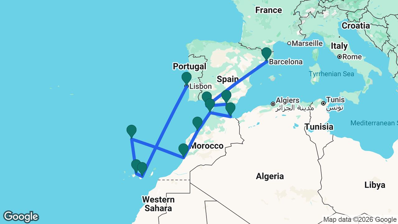 Route map: Lisbon -> Gran Canaria -> Tenerife -> Madeira -> Agadir -> Casablanca -> Tangier -> Melilla -> Motril -> Cádiz -> Barcelona