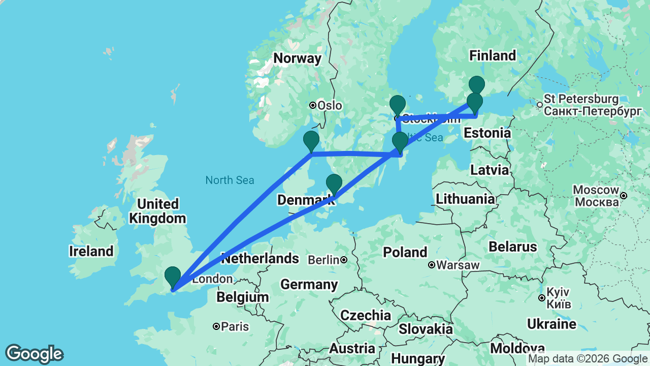 Route map: Southampton -> Copenhagen -> Helsinki -> Tallinn -> Stockholm -> Visby -> Skagen -> Southampton
