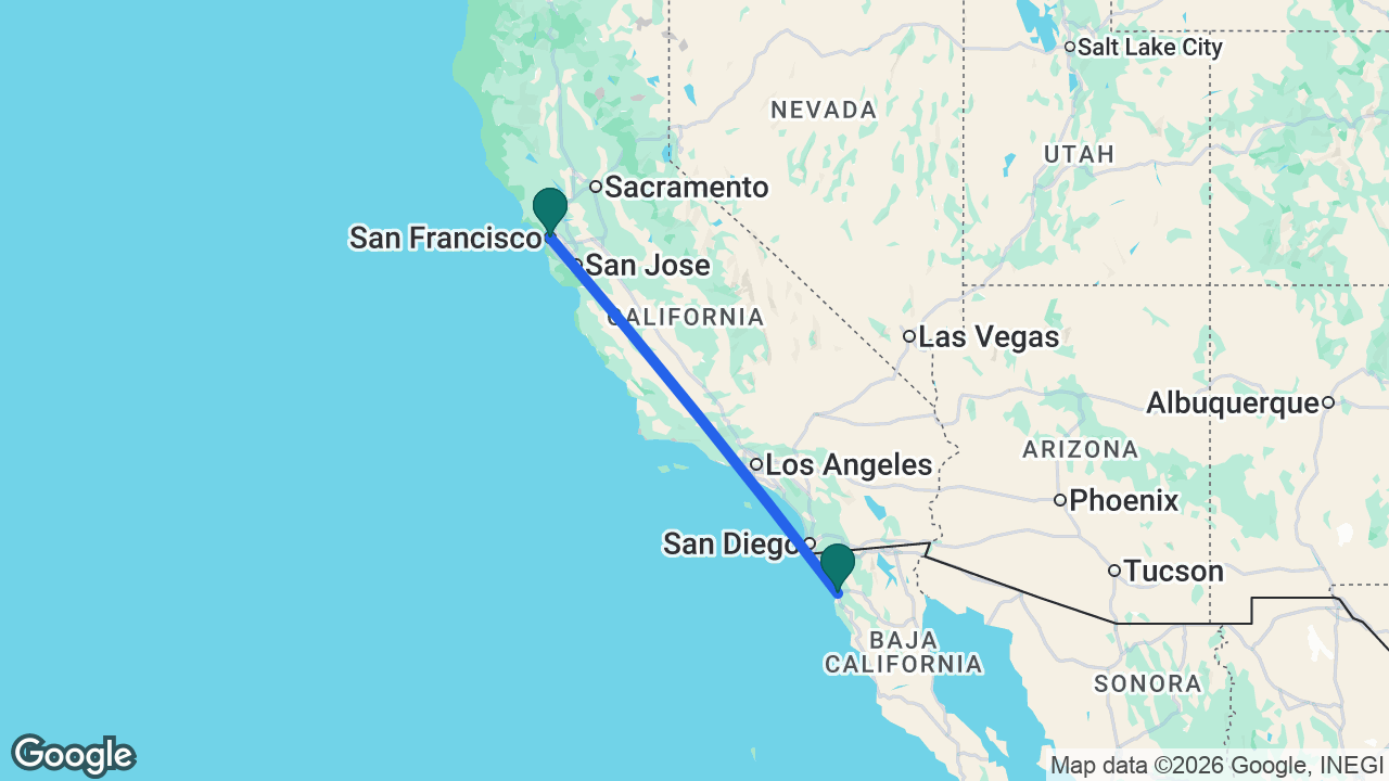 Route map: San Francisco -> Ensenada -> San Francisco
