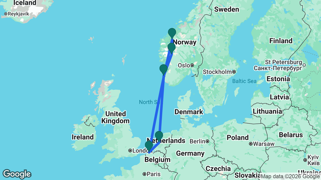 Route map: Amsterdam -> Stavanger -> Flåm -> Geiranger -> Bruges -> Amsterdam