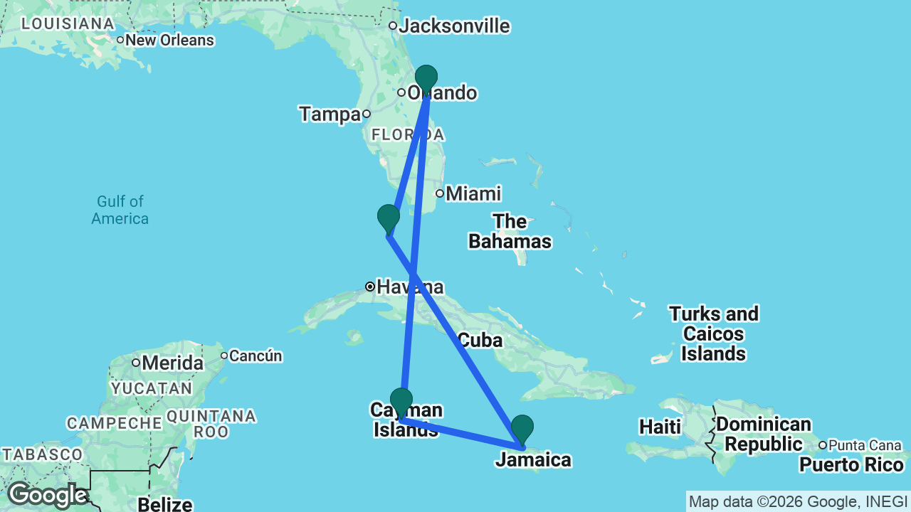 Route map: Port Canaveral -> Key West -> Falmouth -> Grand Cayman -> Port Canaveral