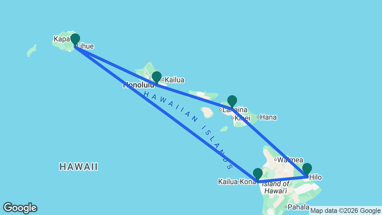 Route map: Honolulu -> Maui -> Hilo -> Kona -> Kauai -> Honolulu