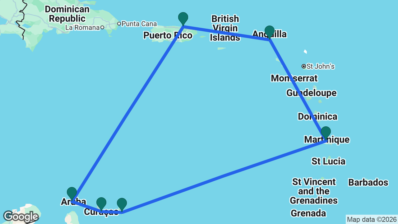 Route map: San Juan -> Aruba -> Curaçao -> Bonaire -> Martinique -> St. Maarten -> San Juan