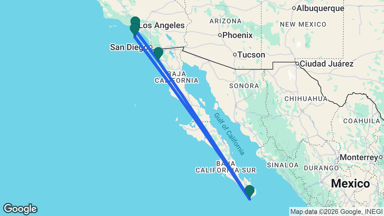 Route map: Los Angeles -> Catalina -> Cabo -> Ensenada -> Los Angeles