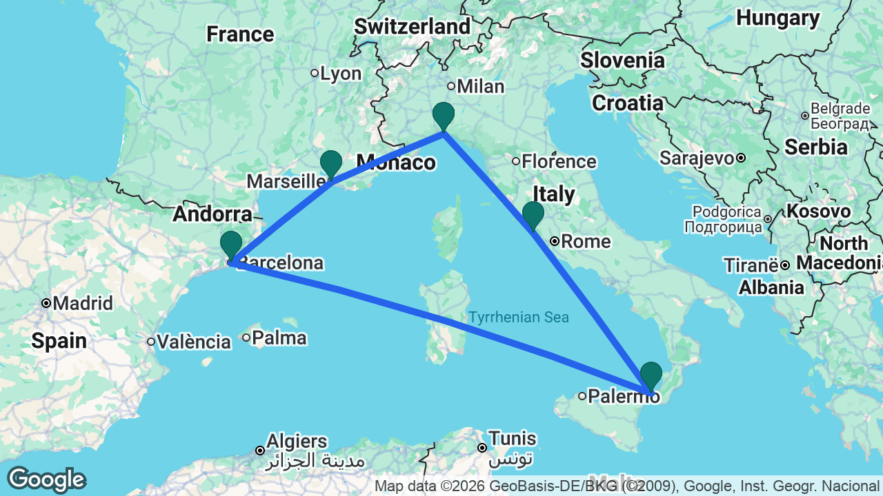 Route map: Marseille -> Genoa -> Rome -> Messina -> Barcelona -> Marseille