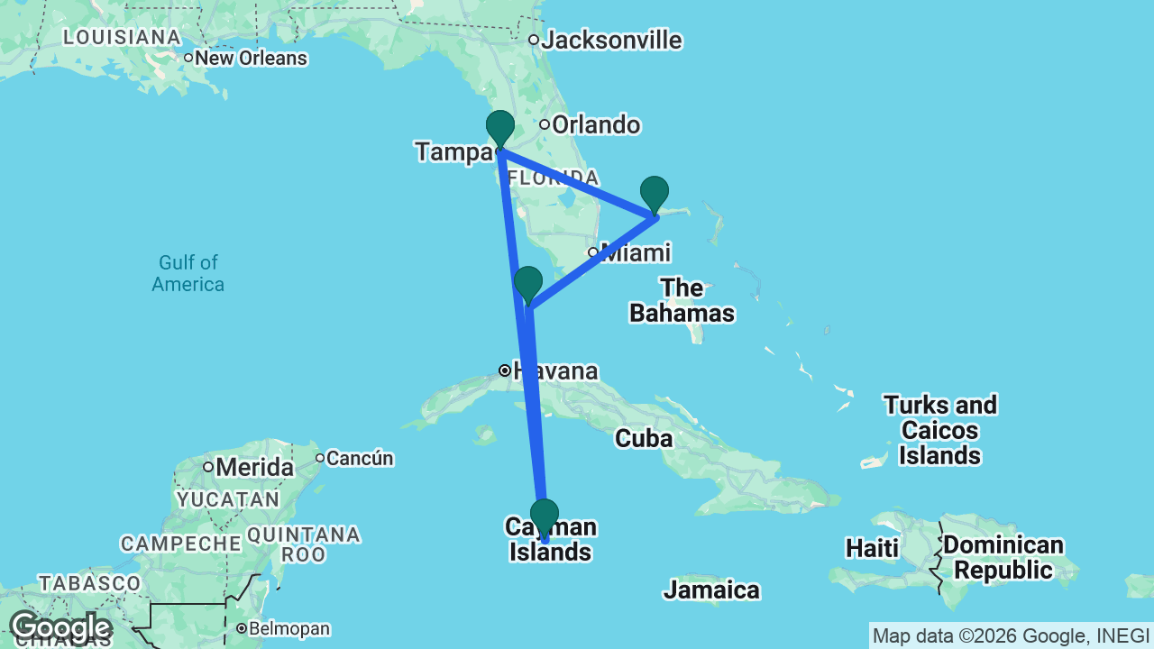 Route map: Tampa -> Freeport -> Key West -> Grand Cayman -> Tampa