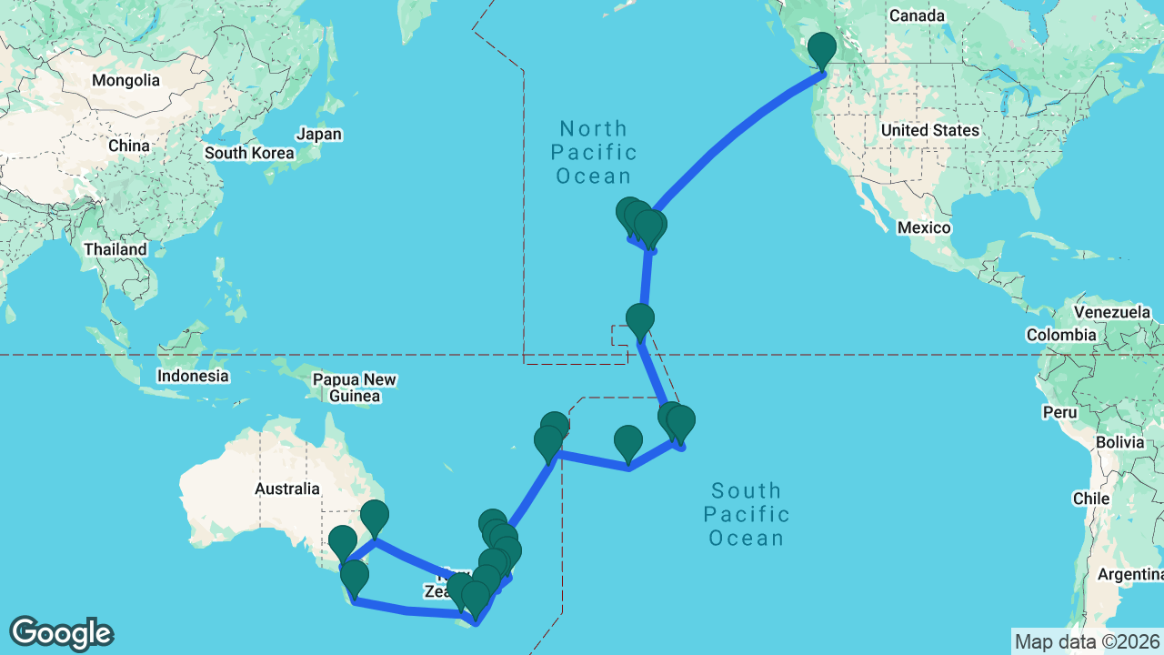 Route map: Seattle -> Kauai -> Honolulu -> Hilo -> Kona -> Kiritimati -> Tahiti -> Moorea -> Raiatea -> Cook Islands -> Vava'u -> Nuku'alofa -> Bay of Islands -> Auckland -> Wellington -> Sydney -> Melbourne -> Hobart -> Milford Sound -> Dunedin -> Christchurch -> Picton -> Napier -> Tauranga -> Auckland