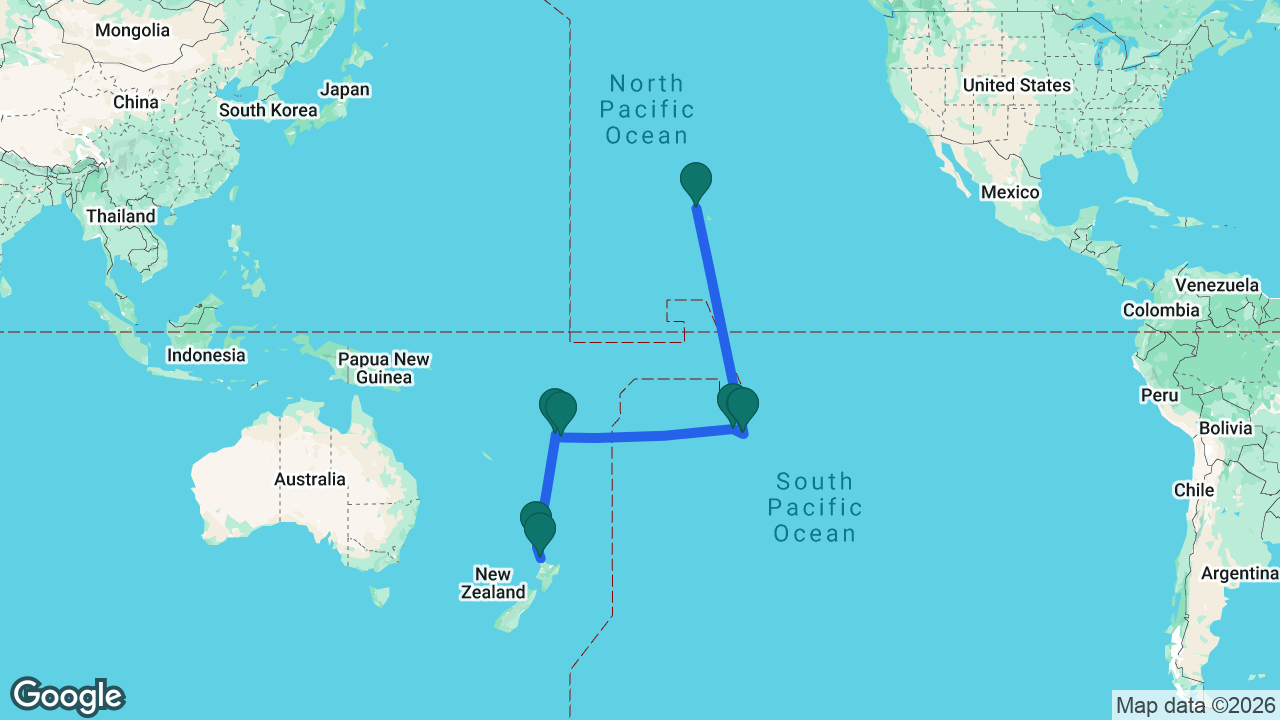 Route map: Honolulu -> Tahiti -> Moorea -> Raiatea -> Fiji -> Lautoka -> Bay of Islands -> Auckland