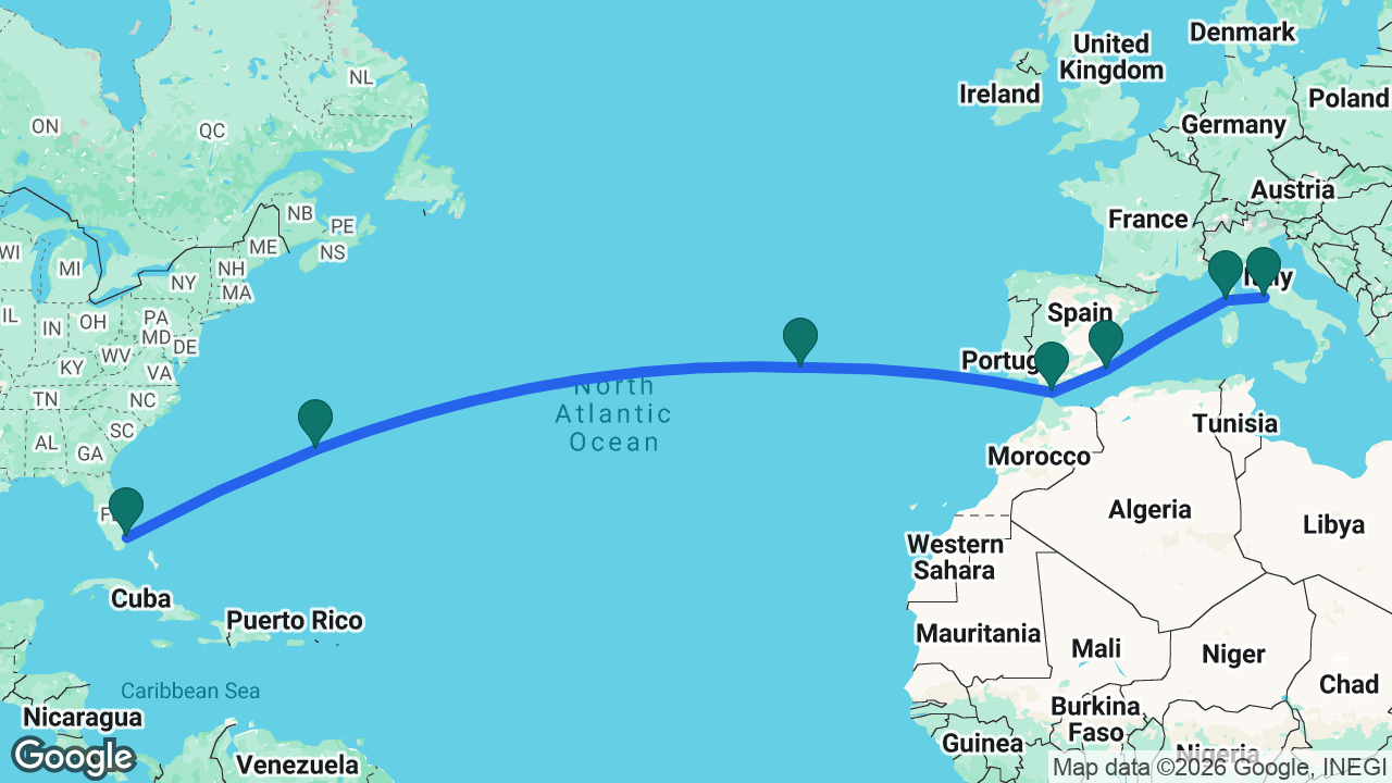 Route map: Fort Lauderdale -> Bermuda -> Azores -> Gibraltar -> Cartagena -> Ajaccio -> Rome