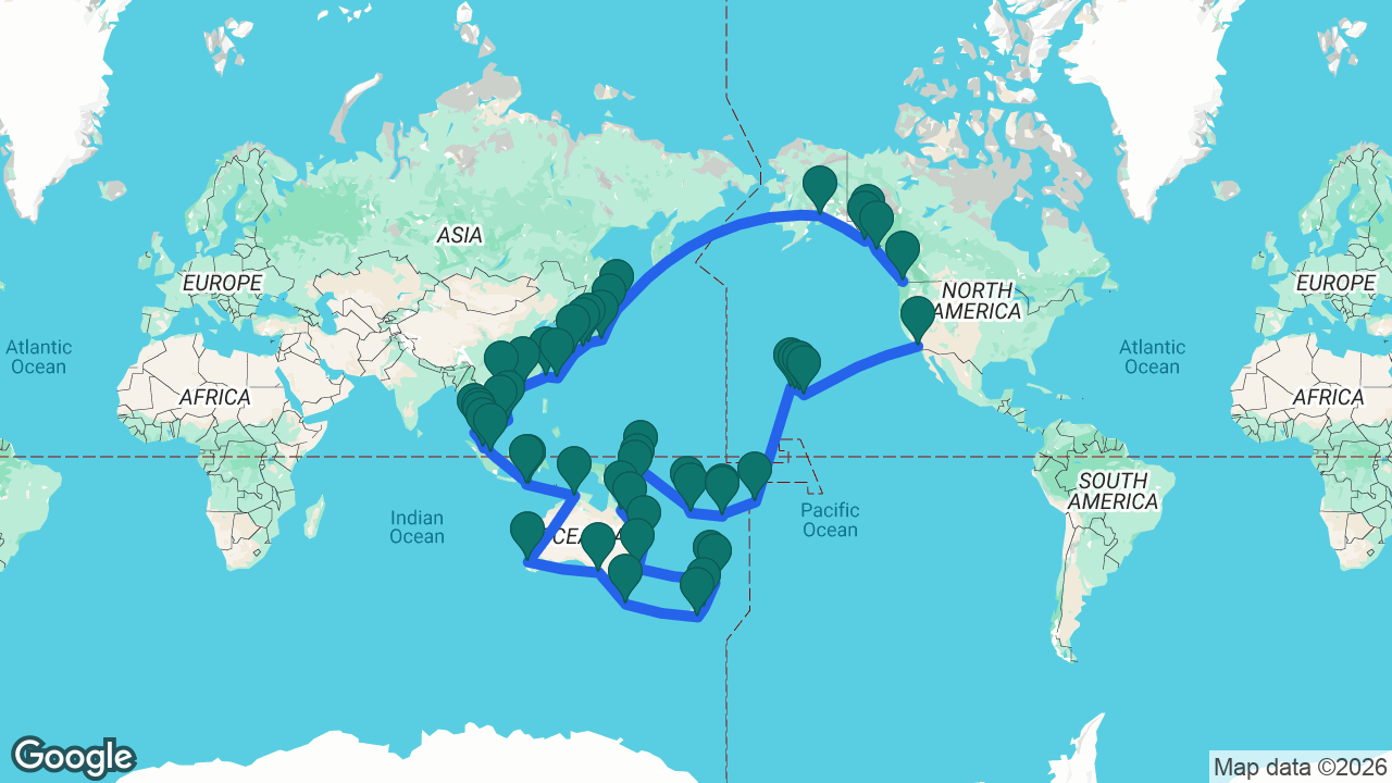 Route map: Los Angeles -> Hilo -> Maui -> Honolulu -> Kauai -> Pago Pago -> Fiji -> Dravuni Island -> Port Vila -> Luganville -> Rabaul -> Kiriwina Island -> Alotau -> Cairns -> Airlie Beach -> Brisbane -> Sydney -> Auckland -> Tauranga -> Christchurch -> Dunedin -> Hobart -> Adelaide -> Perth -> Darwin -> Bali -> Lembar -> Singapore -> Phuket -> Langkawi -> Penang -> Kuala Lumpur -> Ho Chi Minh City -> Cam Ranh -> Ha Long Bay -> Hong Kong -> Keelung -> Miyakojima -> Kagoshima -> Kochi -> Osaka -> Tokyo -> Miyako -> Kushiro -> Anchorage -> Sitka -> Juneau -> Ketchikan -> Vancouver