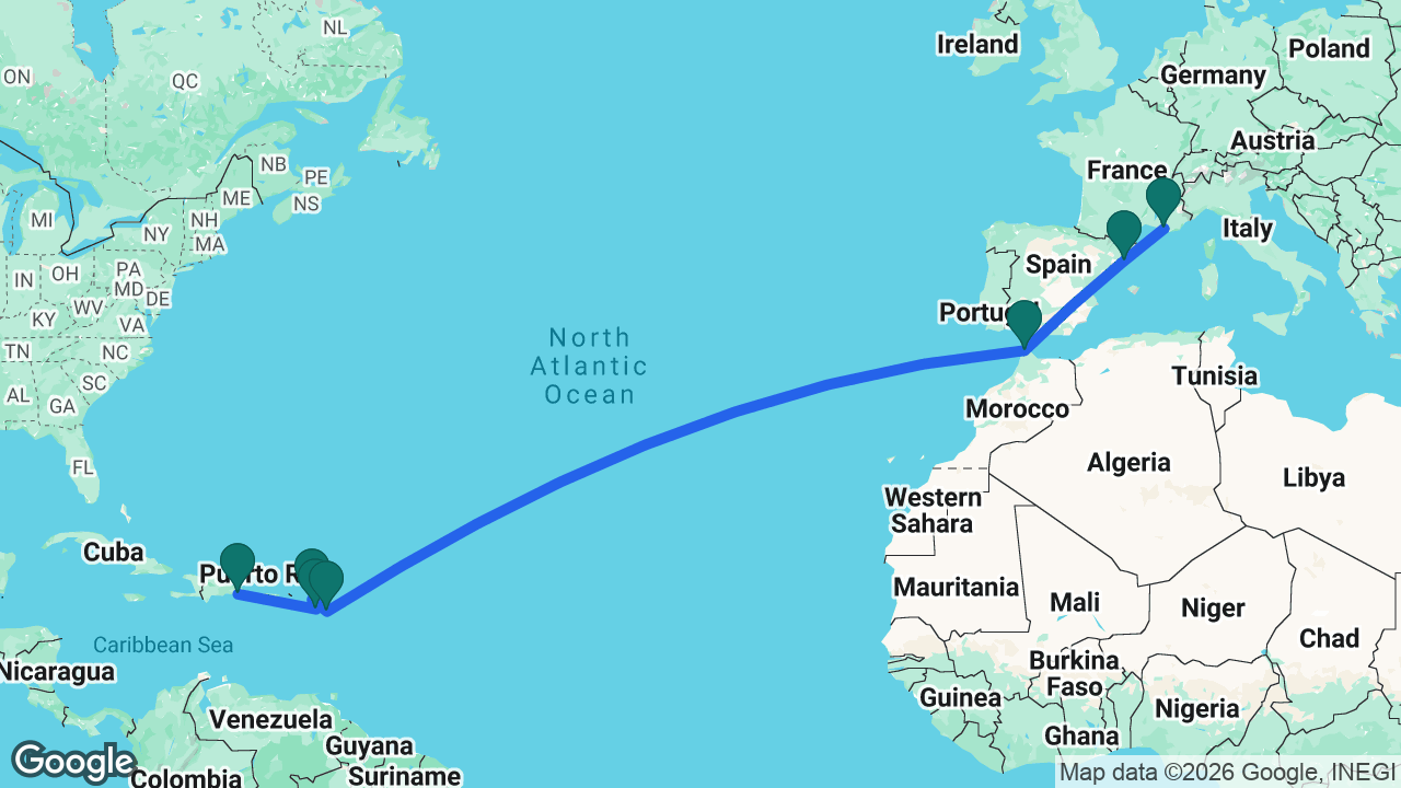 Route map: Marseille -> Barcelona -> Tangier -> Antigua -> St. Maarten -> St. Kitts -> La Romana