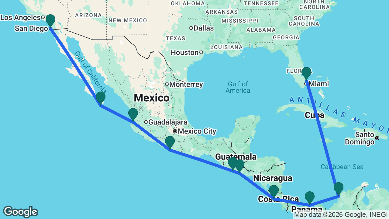 Route map: Fort Lauderdale -> Cartagena -> Panama Canal -> Puntarenas -> Acajutla -> Puerto Quetzal -> Acapulco -> Puerto Vallarta -> Cabo -> San Diego