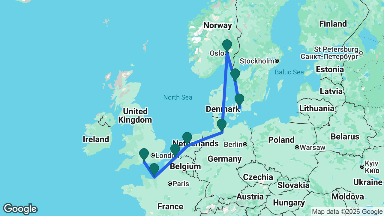 Route map: Copenhagen -> Gothenburg -> Oslo -> Hamburg -> Amsterdam -> Bruges -> Paris -> Southampton