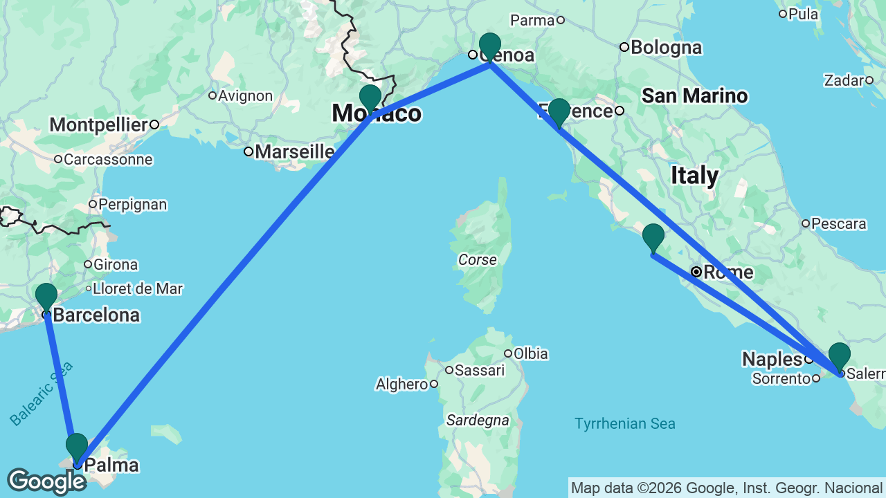 Route map: Rome -> Amalfi Coast -> Florence -> Portofino -> Villefranche -> Mallorca -> Barcelona