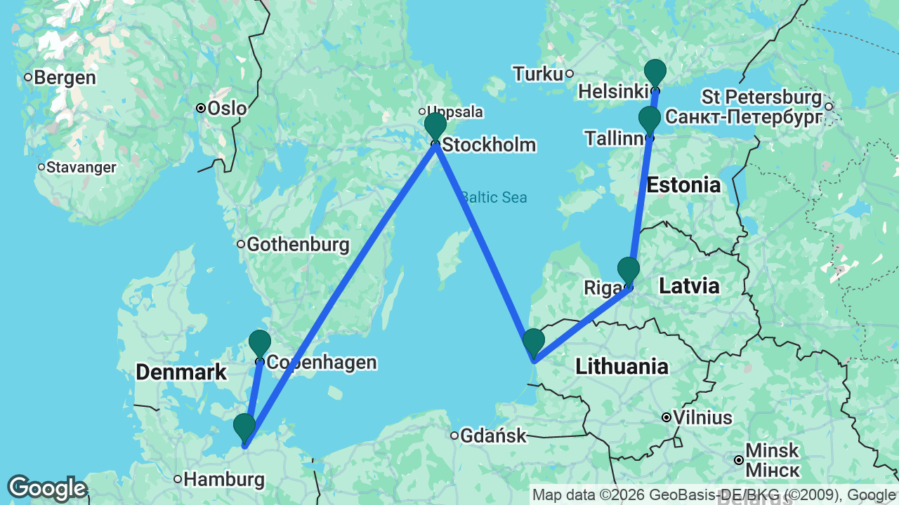 Route map: Helsinki -> Tallinn -> Riga -> Klaipeda -> Stockholm -> Berlin -> Copenhagen