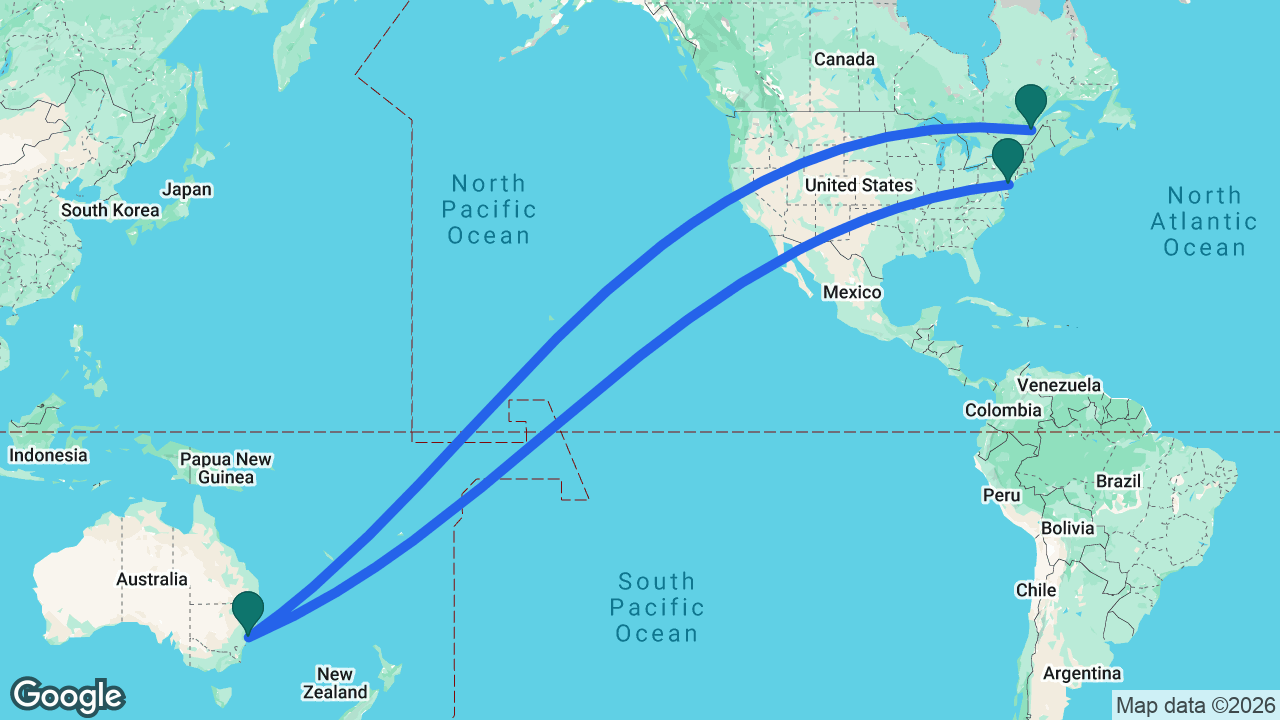 Route map: Philadelphia -> Sydney -> Québec City