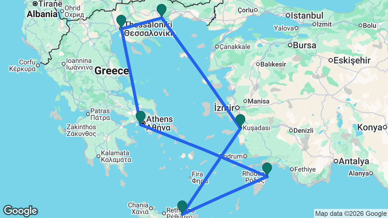 Route map: Athens -> Thessaloniki -> Kavala -> Ephesus -> Heraklion -> Rhodes -> Athens