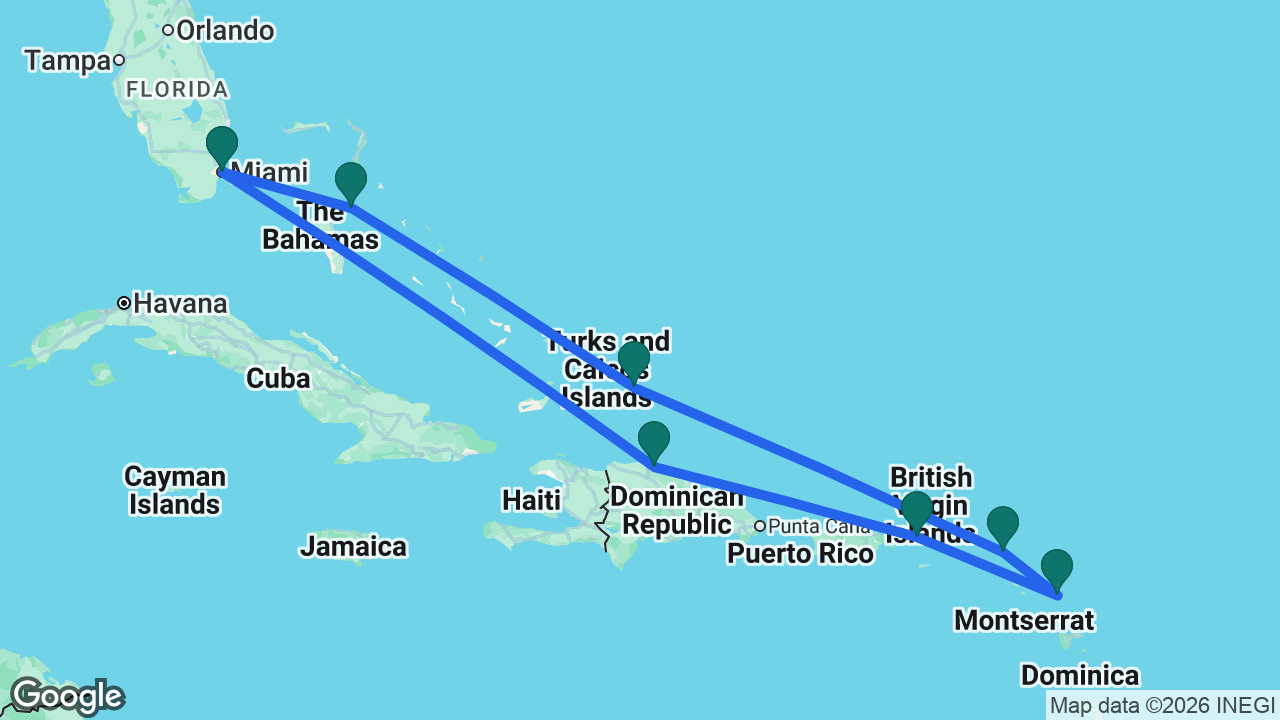 Route map: Miami -> Nassau -> Grand Turk -> St. Maarten -> Antigua -> St. Thomas -> Amber Cove -> Miami
