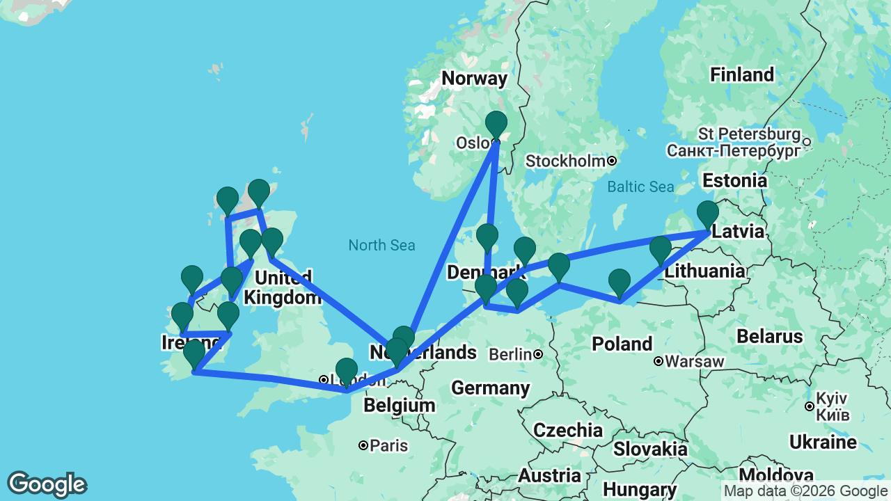 Route map: Amsterdam -> South Queensferry -> Invergordon -> Isle of Skye -> Belfast -> Glasgow -> Killybegs -> Galway -> Dún Laoghaire -> Ringaskiddy -> Dover -> Rotterdam -> Oslo -> Aarhus -> Kiel -> Berlin -> Rønne -> Gdansk -> Klaipeda -> Riga -> Copenhagen -> Rotterdam