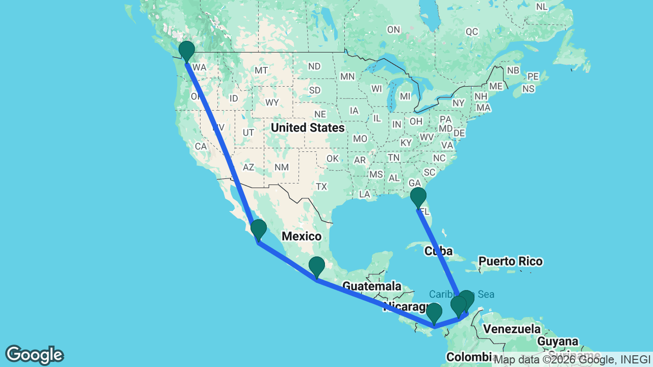 Route map: Tampa -> Santa Marta -> Cartagena -> Panama Canal -> Acapulco -> Cabo -> Seattle