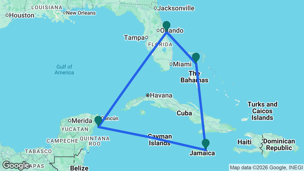 Route map: Port Canaveral -> Great Stirrup Cay -> Ocho Rios -> Cozumel -> Port Canaveral
