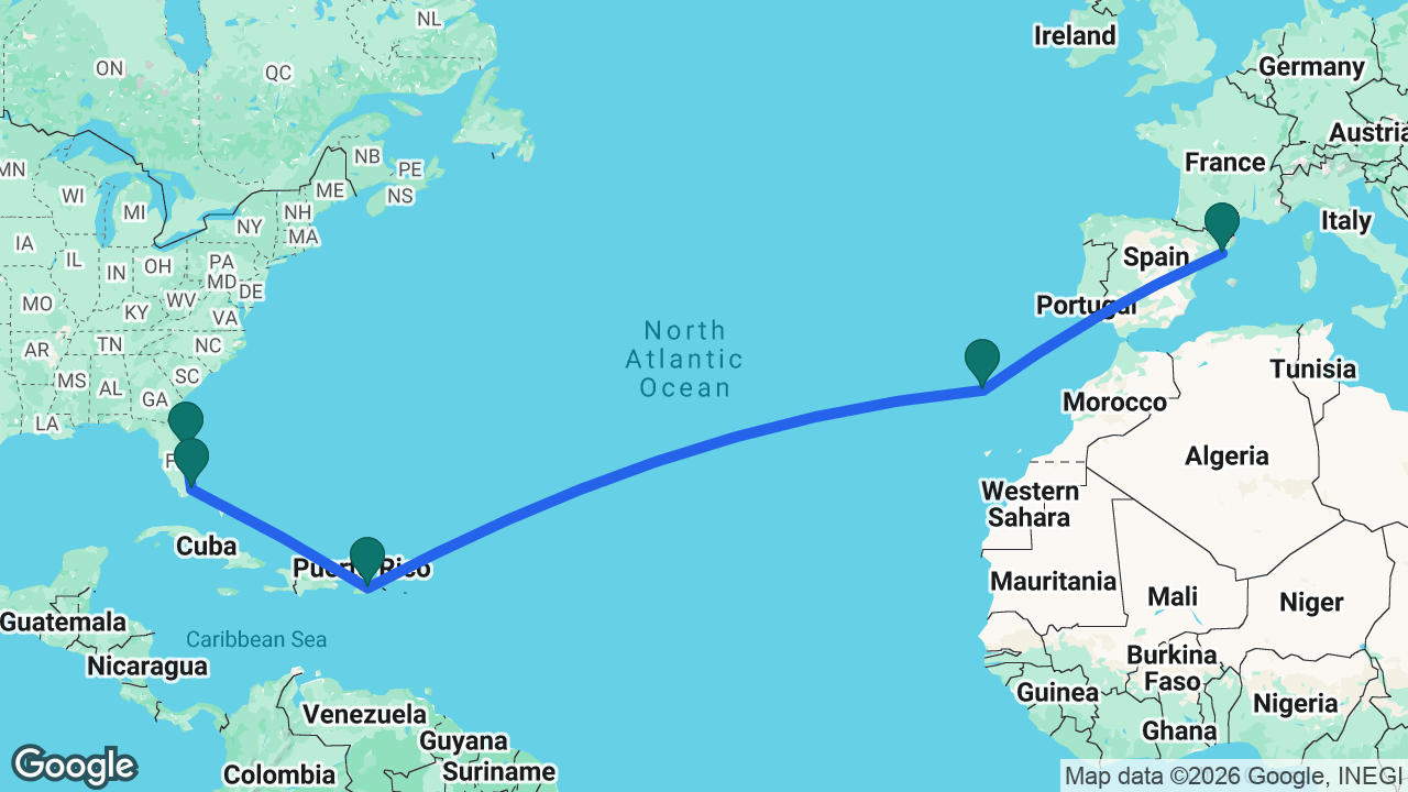 Route map: Barcelona -> Madeira -> San Juan -> Miami -> Port Canaveral