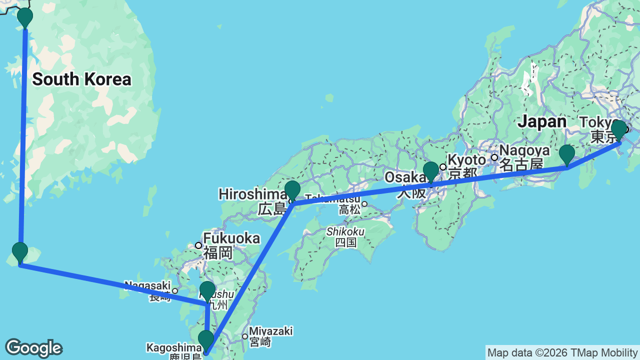 Route map: Seoul -> Jeju -> Yatsushiro -> Kagoshima -> Hiroshima -> Osaka -> Mount Fuji -> Tokyo