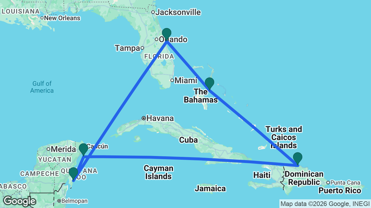 Route map: Port Canaveral -> Nassau -> Puerto Plata -> Cozumel -> Costa Maya -> Port Canaveral