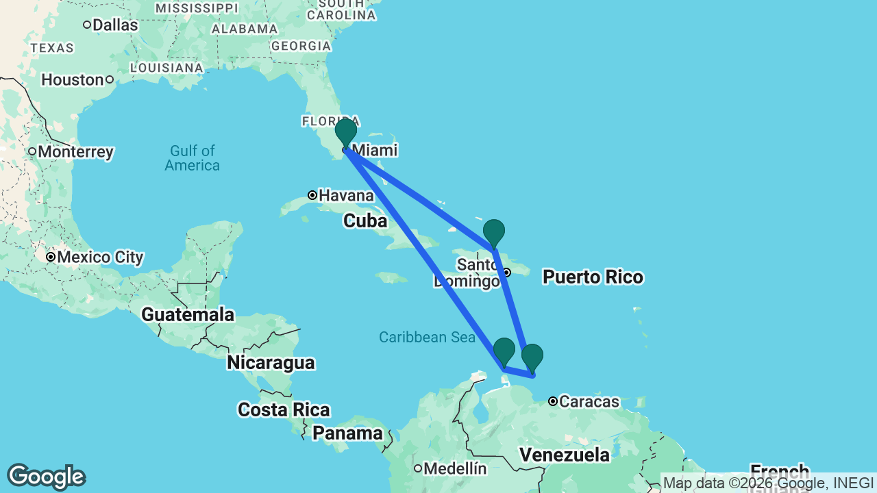 Route map: Miami -> Aruba -> Bonaire -> Puerto Plata -> Miami