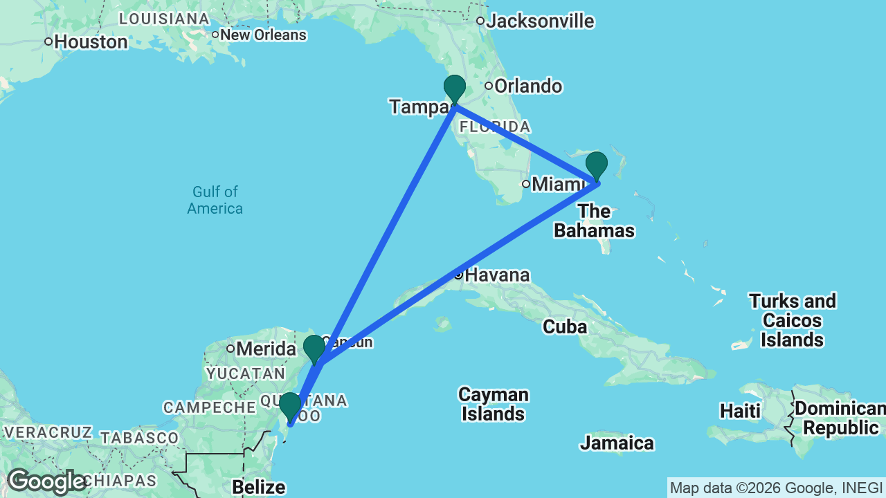 Route map: Tampa -> Costa Maya -> Cozumel -> CocoCay -> Tampa