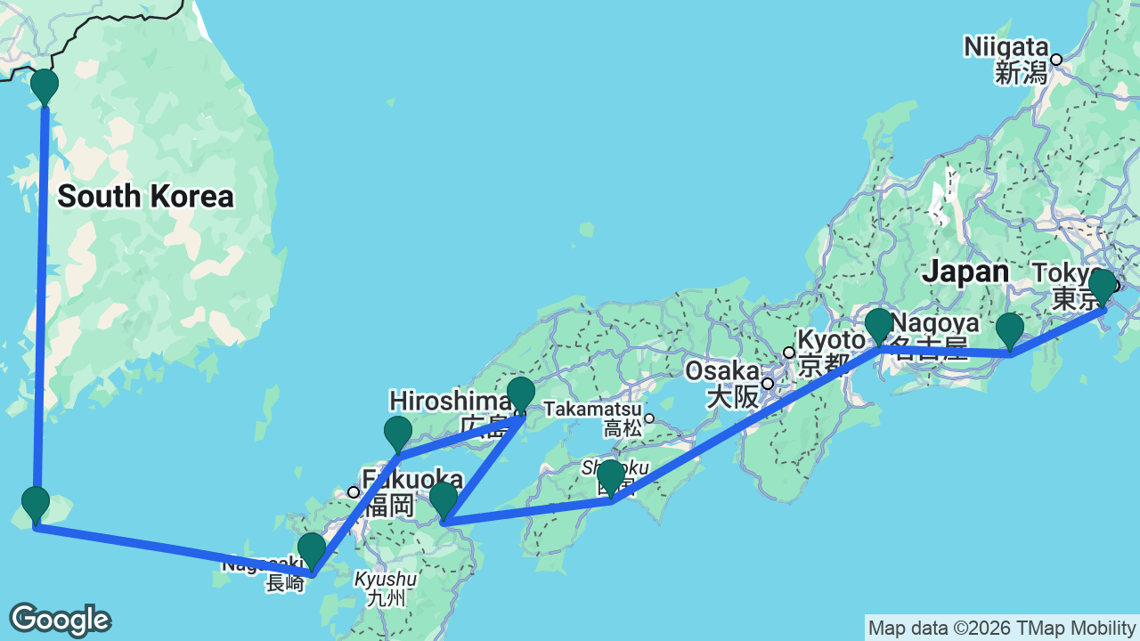 Route map: Seoul -> Jeju -> Nagasaki -> Shimonoseki -> Hiroshima -> Beppu -> Kochi -> Nagoya -> Mount Fuji -> Tokyo