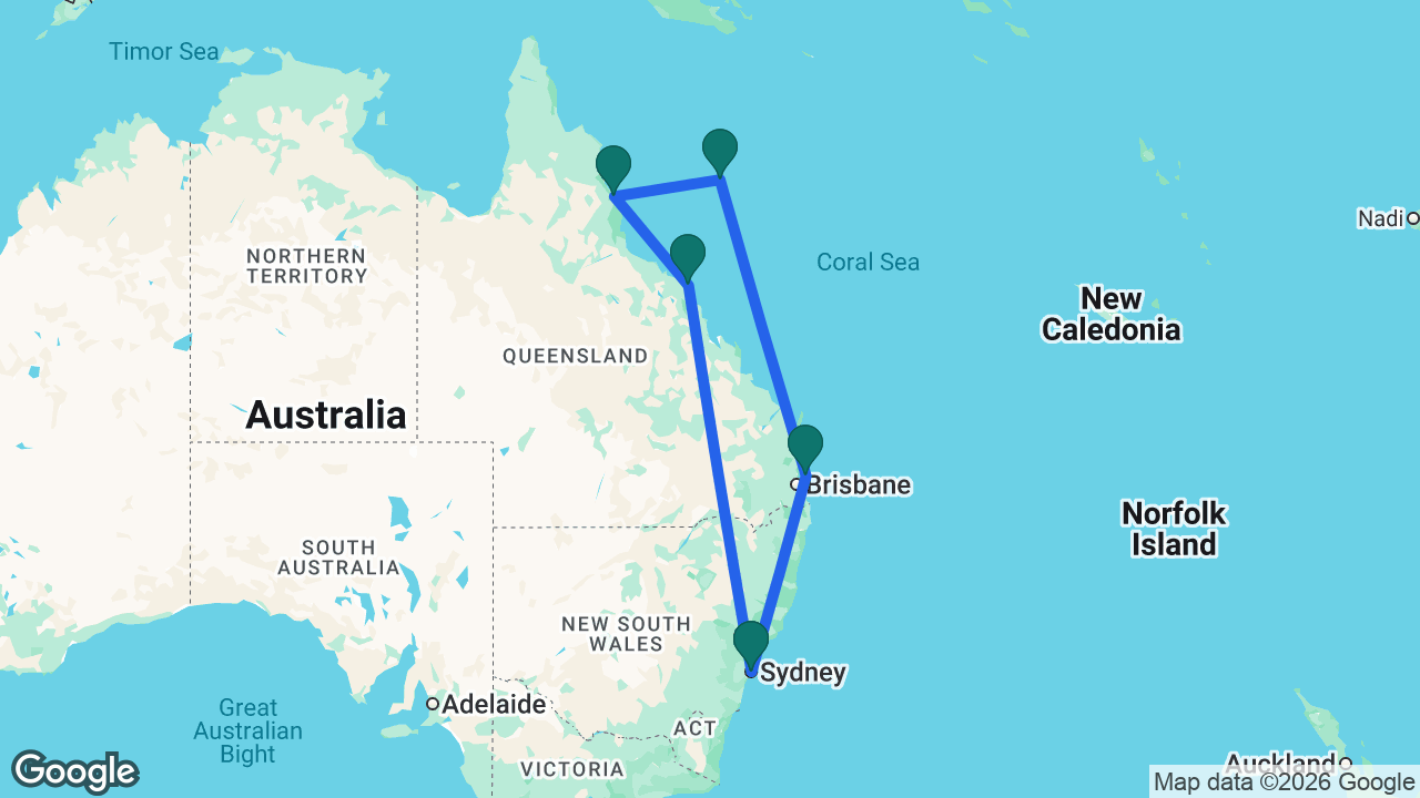 Route map: Sydney -> Airlie Beach -> Cairns -> Willis Island -> Tangalooma -> Sydney