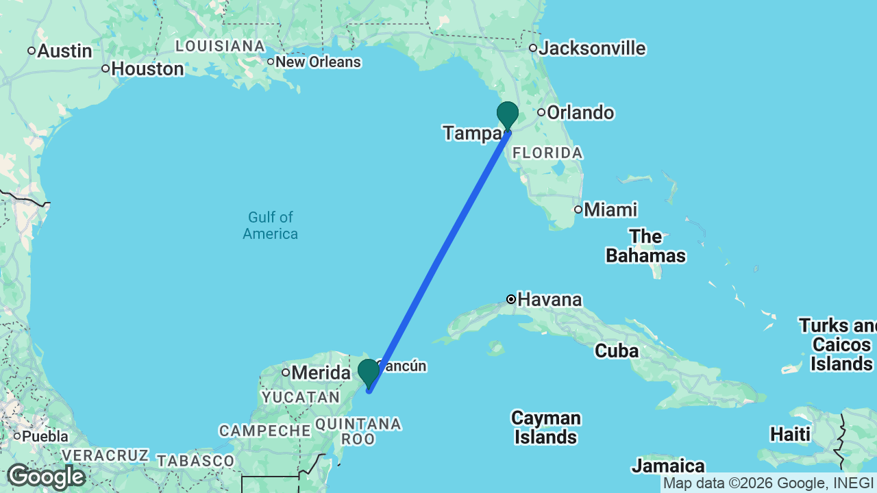 Route map: Tampa -> Cozumel -> Tampa
