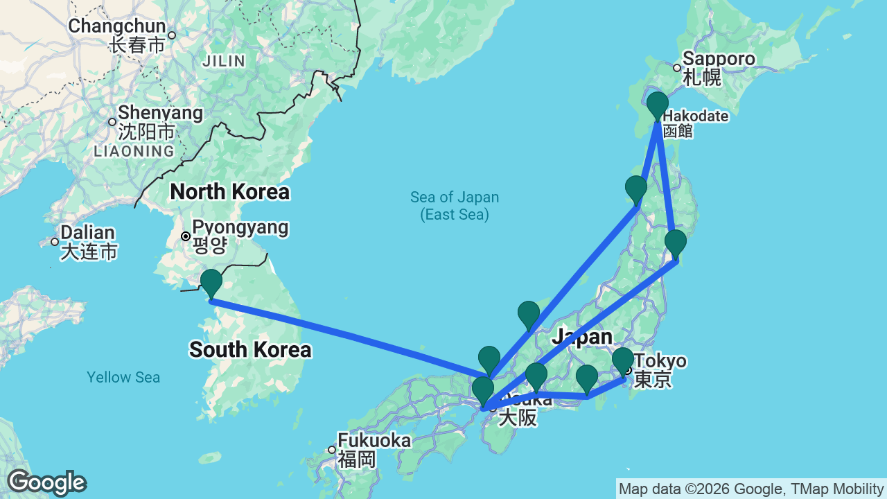 Route map: Tokyo -> Mount Fuji -> Nagoya -> Kobe -> Ishinomaki -> Hakodate -> Akita -> Kanazawa -> Maizuru -> Seoul