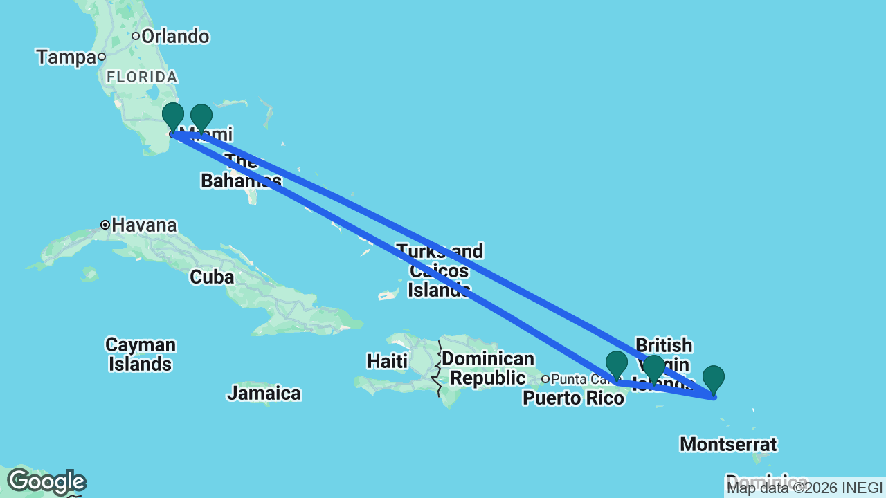 Route map: Miami -> San Juan -> St. Thomas -> St. Maarten -> Bimini -> Miami