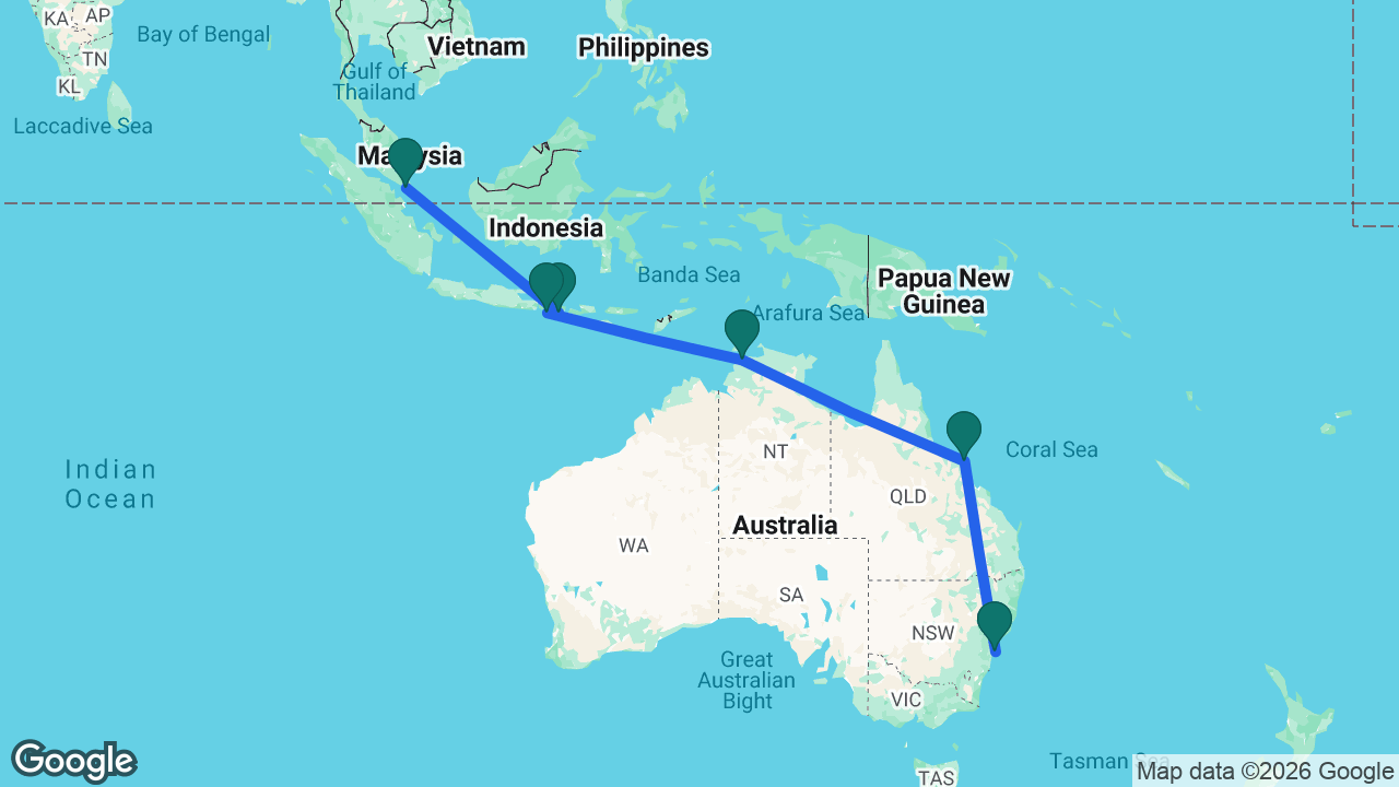 Route map: Sydney -> Airlie Beach -> Darwin -> Bali -> Lembar -> Singapore