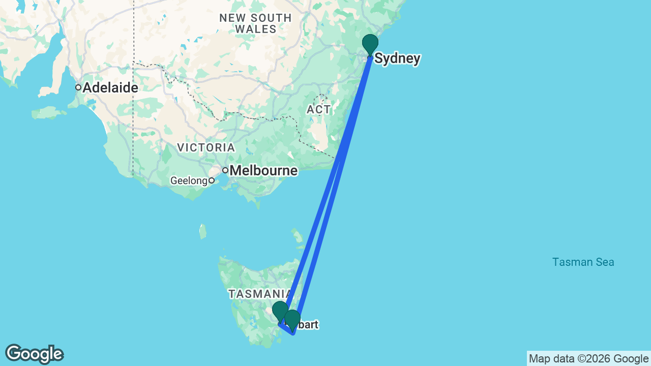 Route map: Sydney -> Hobart -> Port Arthur -> Sydney