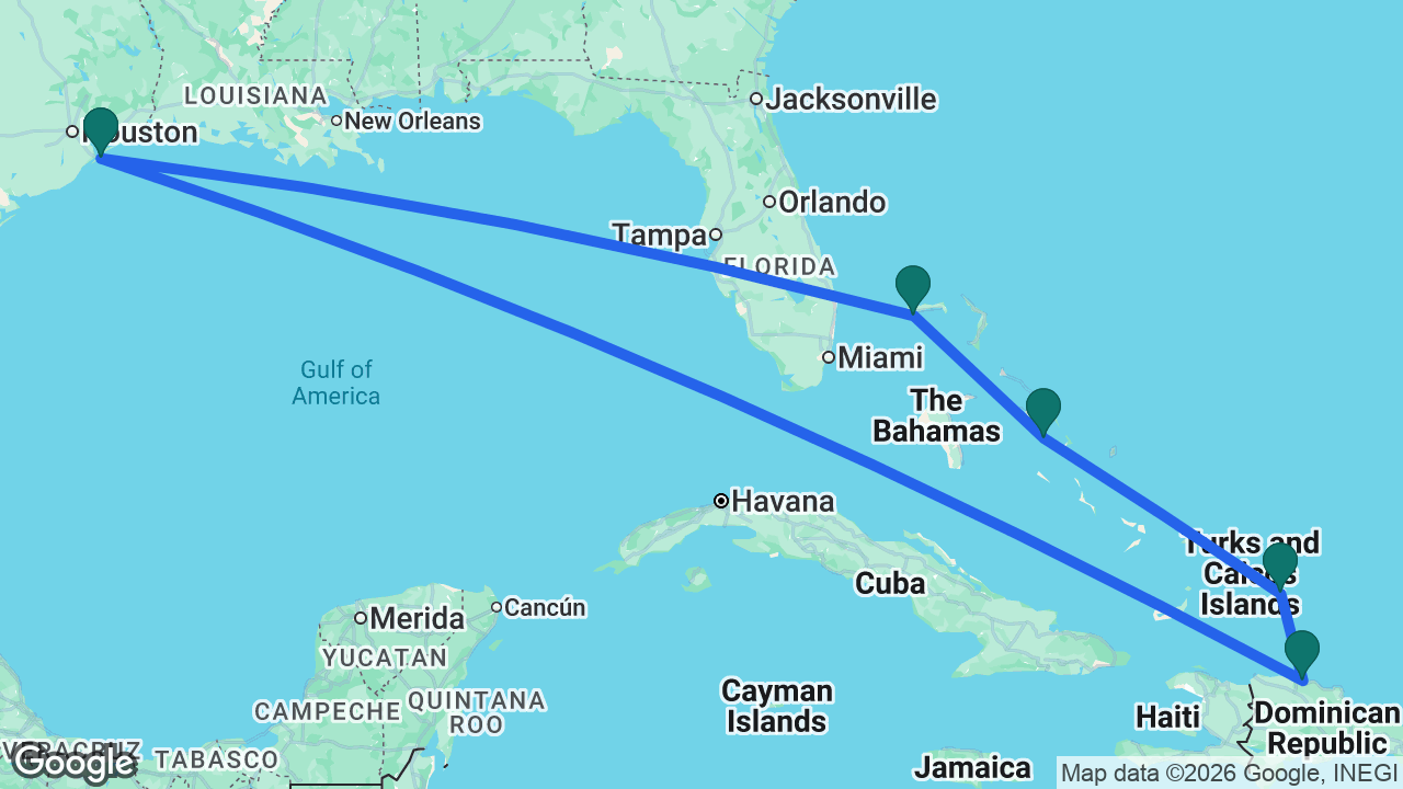 Route map: Galveston -> Celebration Key -> Half Moon Cay -> Grand Turk -> Amber Cove -> Galveston