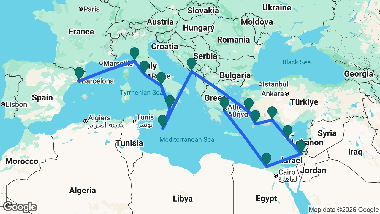 Route map: Athens -> Alexandria -> Haifa -> Limassol -> Antalya -> Rhodes -> Ephesus -> Kotor -> Valletta -> Messina -> Naples -> Rome -> Florence -> Barcelona